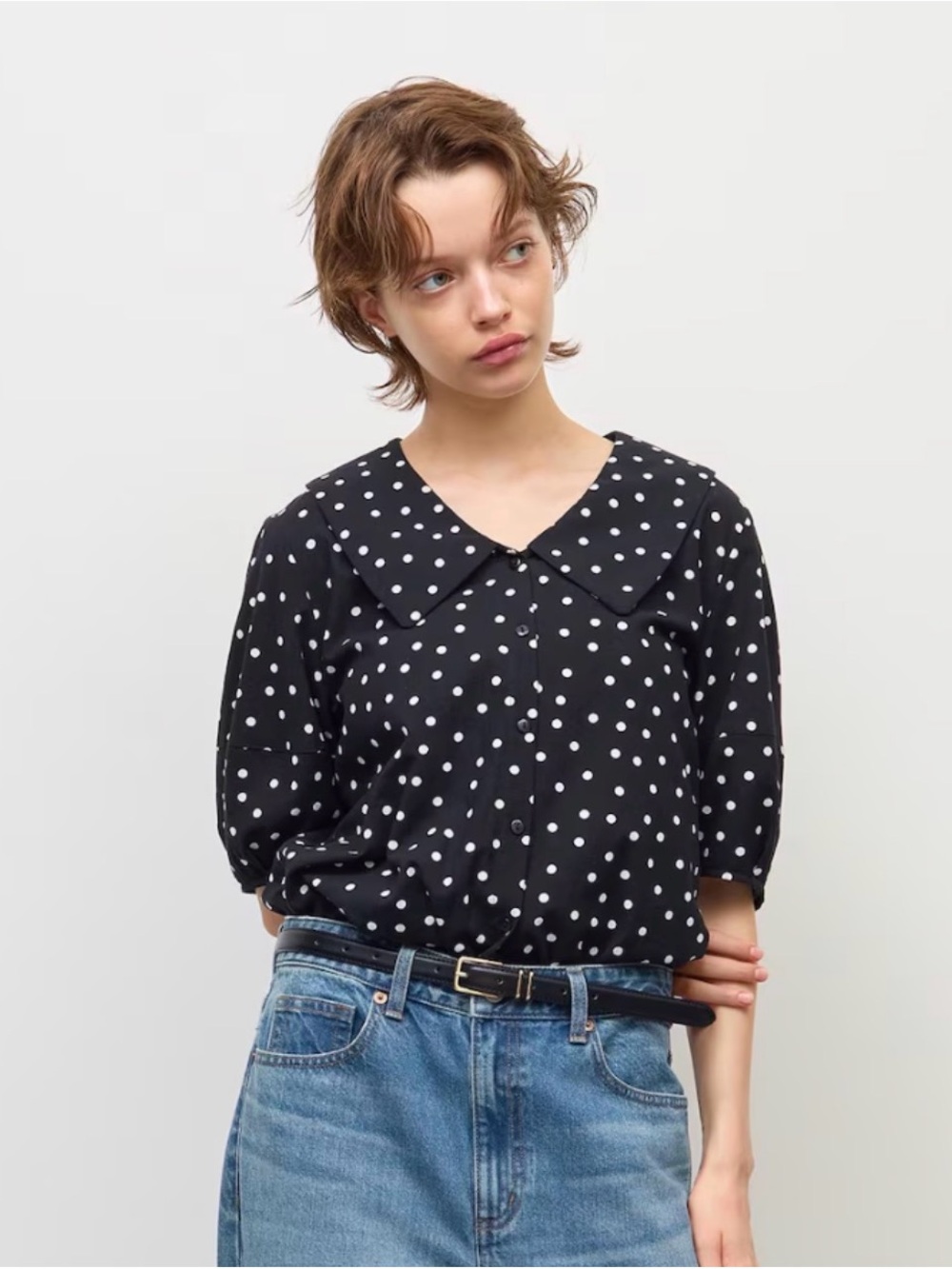 GU Polka Dot Button-Front Blouse - Black/White